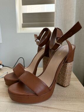 ALDO Brown Leather-Style Platform Sandals with Woven Block Heel